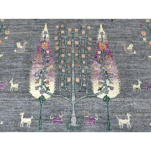 12'x12' Gray Peshawar Folk Art Willow and Cypress Tree Design Hand Knotted Borderless Round Oriental Rug FWR402954