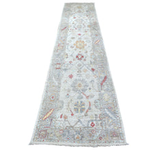 Load image into Gallery viewer, 2&#39;9&quot;x14&#39;3&quot; Pure Wool Light Gray With Colorful Motifs Hand Knotted Angora Oushak Oriental XL Runner Rug FWR403866