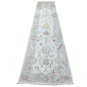 2'9"x14'3" Pure Wool Light Gray With Colorful Motifs Hand Knotted Angora Oushak Oriental XL Runner Rug FWR403866