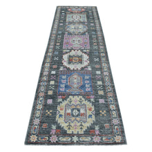 Load image into Gallery viewer, 2&#39;10&quot;x9&#39;10&quot; Hand Knotted Dark Gray With Geometric Village Anatolian Design Angora Oushak Glimmery Wool Oriental Runner Rug FWR404562