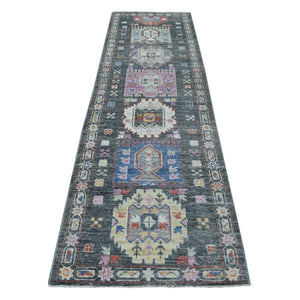 2'10"x9'10" Hand Knotted Dark Gray With Geometric Village Anatolian Design Angora Oushak Glimmery Wool Oriental Runner Rug FWR404562