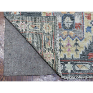2'10"x9'10" Hand Knotted Dark Gray With Geometric Village Anatolian Design Angora Oushak Glimmery Wool Oriental Runner Rug FWR404562