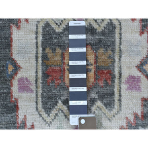 2'10"x9'10" Hand Knotted Dark Gray With Geometric Village Anatolian Design Angora Oushak Glimmery Wool Oriental Runner Rug FWR404562