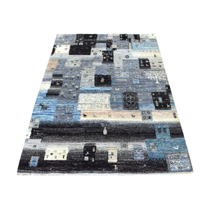 3'10"x5'8" Kashkuli Gabbeh The Fusion OF Beautiful Gray, Black And Blue Soft, Velvety Wool Hand Knotted Oriental Rug FWR405150