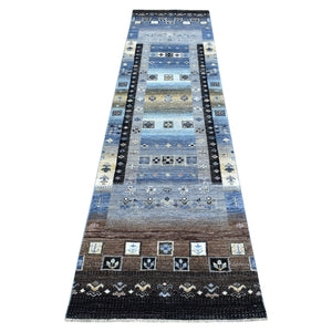 2'4"x9'9" Hand Knotted Gray Kashkuli Gabbeh Pictorial Design Extra Soft Wool Oriental Runner Rug FWR405198