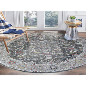 11'7"x11'7" Hand Knotted Vibrant Wool Peshawar Design Gray With Floral Motifs Oriental Round Rug FWR405390