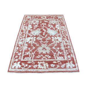 4'1"x6' Red Angora Oushak With Faded Out Colors Extra Soft, Velvety Wool Hand Knotted Oriental Rug FWR405486