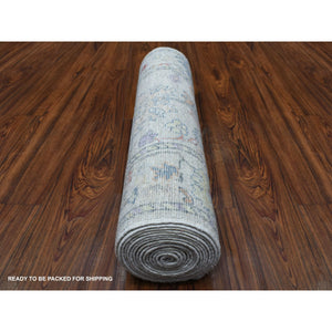 2'10"x16' Hand Knotted Soft, Velvety Plush Angora Oushak Light Gray With Colorful Motifs Oriental XL Runner Rug FWR405582