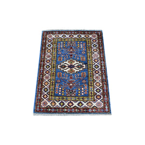 2'x2'10" Super Kazak Blue Hand Knotted Soft Wool In A Colorful Palette Oriental Rug FWR405738