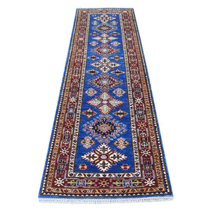 2'7"x8'7" Extra Soft Wool Denim Blue Super Kazak With Tribal Design Hand Knotted Oriental Runner Rug FWR405960