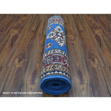 Load image into Gallery viewer, 2&#39;7&quot;x8&#39;7&quot; Extra Soft Wool Denim Blue Super Kazak With Tribal Design Hand Knotted Oriental Runner Rug FWR405960