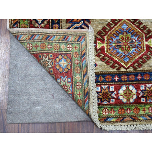 2'8"x4'1" Extremely Durable Wool Super Kazak in a Colorful Palette Taupe Hand Knotted Oriental Rug FWR406344