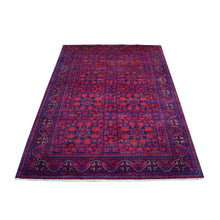 Load image into Gallery viewer, 4&#39;2&quot;x6&#39;5&quot; Deep and Saturated Red Hand Knotted Afghan Khamyab with Geometric Design Denser Weave with Shiny Wool Oriental Rug FWR406818
