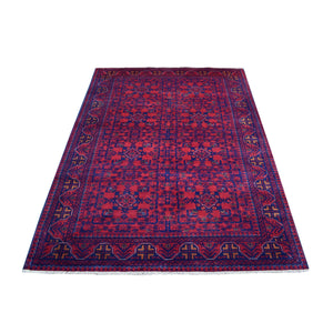 4'2"x6'5" Deep and Saturated Red Hand Knotted Afghan Khamyab with Geometric Design Denser Weave with Shiny Wool Oriental Rug FWR406818
