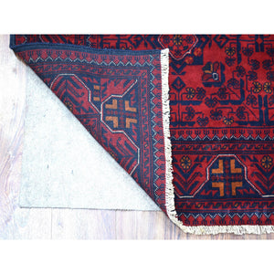 4'2"x6'5" Deep and Saturated Red Hand Knotted Afghan Khamyab with Geometric Design Denser Weave with Shiny Wool Oriental Rug FWR406818