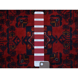 4'2"x6'5" Deep and Saturated Red Hand Knotted Afghan Khamyab with Geometric Design Denser Weave with Shiny Wool Oriental Rug FWR406818