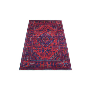3'3"x4'8" Afghan Khamyab Denser Weave with Shiny Wool Hand Knotted Deep and Saturated Red Geometric Medallion Design Oriental Rug FWR406896