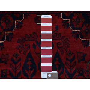 3'3"x4'8" Afghan Khamyab Denser Weave with Shiny Wool Hand Knotted Deep and Saturated Red Geometric Medallion Design Oriental Rug FWR406896