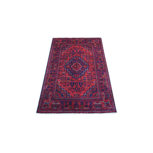 3'3"x4'10" Hand Knotted Afghan Khamyab Geometric Medallion Design Denser Weave with Shiny Wool Deep and Saturated Red Oriental Rug FWR406902