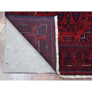 3'3"x4'10" Hand Knotted Afghan Khamyab Geometric Medallion Design Denser Weave with Shiny Wool Deep and Saturated Red Oriental Rug FWR406902