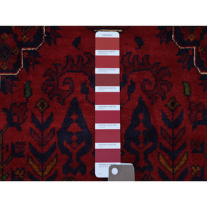 3'3"x4'10" Hand Knotted Afghan Khamyab Geometric Medallion Design Denser Weave with Shiny Wool Deep and Saturated Red Oriental Rug FWR406902