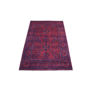 3'3"x4'10" Denser Weave with Shiny Wool Deep and Saturated Red Afghan Khamyab With Geometric Design Hand Knotted Oriental Rug FWR407196