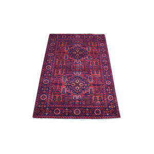 3'3"x5' Saturated Red Afghan Khamyab with Double Medallion Design Hand Knotted Denser Weave with Shiny Wool Oriental Rug FWR407208