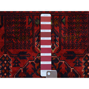 3'3"x5' Saturated Red Afghan Khamyab with Double Medallion Design Hand Knotted Denser Weave with Shiny Wool Oriental Rug FWR407208