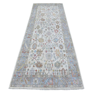 3'9"x9'10" Hand Knotted Extra Soft Natural Wool Ivory Angora Oushak in a Colorful Palette Oriental Runner Rug FWR407544
