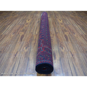 5'8"x7'7" Afghan Khamyab Deep and Saturated Red with Geometric Design Hand Knotted Denser Weave with Shiny Wool Oriental Rug FWR407712
