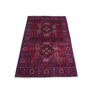 3'2"x4'9" Denser Weave with Shiny Wool Deep Saturated Red Afghan Khamyab with Tribal Design Hand Knotted Oriental Rug FWR407730