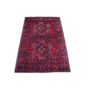 3'3"x4'10" Hand Knotted Saturated Red Denser Weave with Shiny Wool Afghan Khamyab Tribal Design Oriental Rug FWR407742