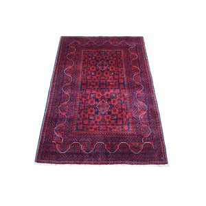 3'3"x4'8" Deep and Saturated Red Geometric Design Afghan Khamyab Shiny Wool Hand Knotted Scatter Size Oriental Rug FWR407748
