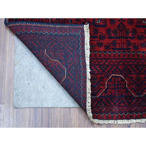 3'3"x4'8" Deep and Saturated Red Geometric Design Afghan Khamyab Shiny Wool Hand Knotted Scatter Size Oriental Rug FWR407748