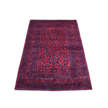 Load image into Gallery viewer, 3&#39;3&quot;x4&#39;10&quot; Deep and Saturated Red Afghan Khamyab with Double Geometric Medallion Design Hand Knotted Denser Weave with Shiny Wool Oriental Rug FWR407760