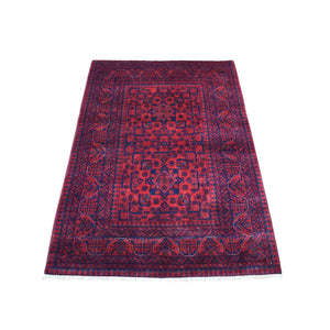 3'3"x4'10" Deep and Saturated Red Afghan Khamyab with Double Geometric Medallion Design Hand Knotted Denser Weave with Shiny Wool Oriental Rug FWR407760