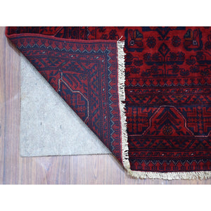 3'3"x4'10" Deep and Saturated Red Afghan Khamyab with Double Geometric Medallion Design Hand Knotted Denser Weave with Shiny Wool Oriental Rug FWR407760