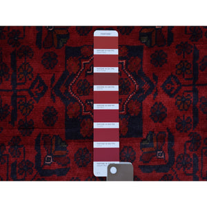 3'3"x4'10" Deep and Saturated Red Afghan Khamyab with Double Geometric Medallion Design Hand Knotted Denser Weave with Shiny Wool Oriental Rug FWR407760
