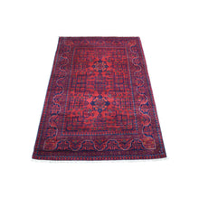 Load image into Gallery viewer, 3&#39;4&quot;x4&#39;10&quot; Deep and Saturated Red Afghan Khamyab Geometric Design Denser Weave with Shiny Wool Hand Knotted Oriental Rug FWR407784