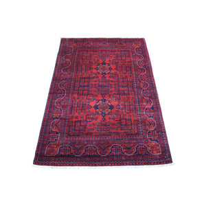 3'4"x4'10" Deep and Saturated Red Afghan Khamyab Geometric Design Denser Weave with Shiny Wool Hand Knotted Oriental Rug FWR407784