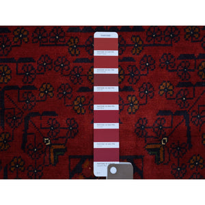 3'4"x4'10" Deep and Saturated Red Afghan Khamyab Geometric Design Denser Weave with Shiny Wool Hand Knotted Oriental Rug FWR407784