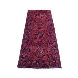 2'7"x6'5" Afghan Khamyab Geometric Design Deep and Saturated Red Denser Weave with Shiny Wool Hand Knotted Runner Oriental Rug FWR407808