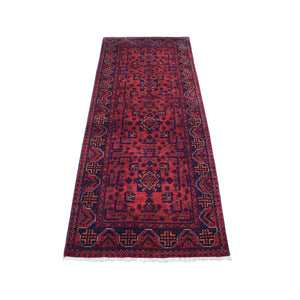 2'6"x6'4" Afghan Khamyab with Geometric Design Deep and Saturated Red Denser Weave with Shiny Wool Hand Knotted Runner Oriental Rug FWR407832