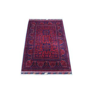 2'9"x4'2" Deep and Saturated Red Geometric Design Afghan Khamyab Denser Weave with Shiny Wool Hand Knotted Oriental Rug FWR407850