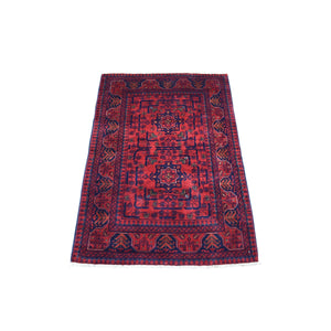 2'8"x4' Deep and Saturated Red Denser Weave with Shiny Wool Hand Knotted Geometric Design Afghan Khamyab Oriental Rug FWR407862