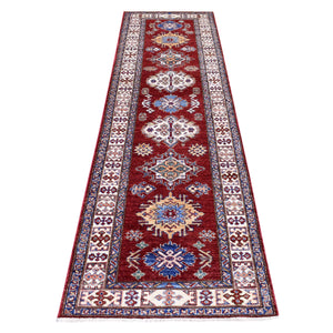 2'7"x8'10" Soft Natural Wool Hand Knotted Brick Red Super Kazak with Tribal Medallions Oriental Runner Rug FWR408174