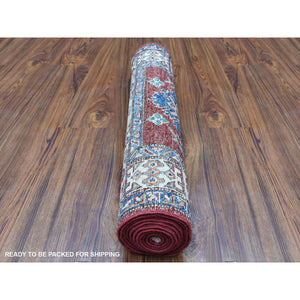 2'7"x8'10" Soft Natural Wool Hand Knotted Brick Red Super Kazak with Tribal Medallions Oriental Runner Rug FWR408174