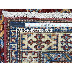 2'7"x8'10" Soft Natural Wool Hand Knotted Brick Red Super Kazak with Tribal Medallions Oriental Runner Rug FWR408174