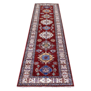 2'6"x8'10" Rich Red Super Kazak with Tribal Medallions Hand Knotted Soft Organic Wool Oriental Runner Rug FWR408204