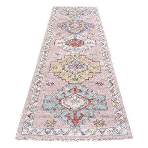 3'4"x10'1" Silvery Pink, Hand Knotted Pure Wool, Anatolian Village Inspired Design with Large Medallions, Runner Oriental Rug FWR408258